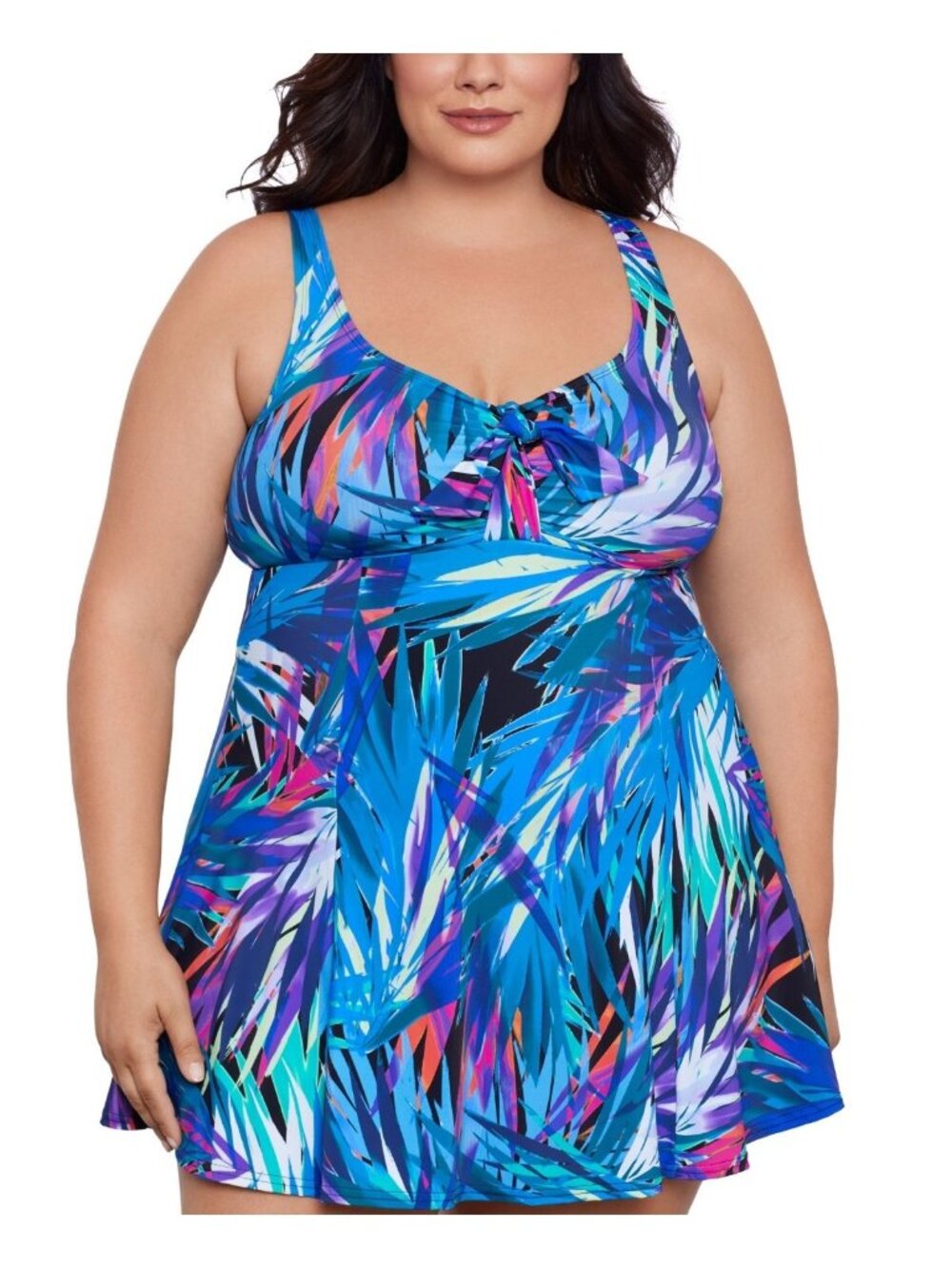 Swim Solutions Womens Abstract Print Bow Front Swim Dress Blue Size 20W NWT
